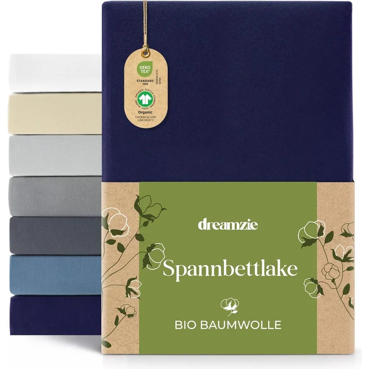 Dreamzie Premium Spannbettlaken 180x200 cm bis 200x200 cm Dunkelblau, Spannbetttuch aus 100% Jersey Biobaumwolle, 150 g/m² - Oeko-TEX