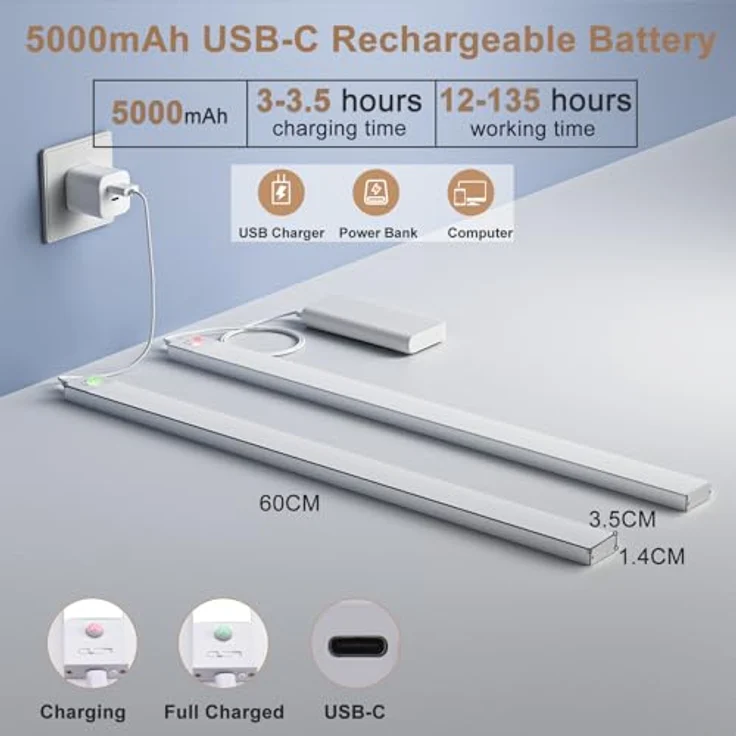 Unterbauleuchte Küche LED Schrankbeleuchtung mit Bewegungsmelder Innen 3Farbmodi Dimmbar 3000K/4000K/6500K,60cm 2Stück,LED Leiste Lampe Ohne Bohren USB Kabellos für Kleiderschrank/Treppe/Vitrinen/RV – Bild 6