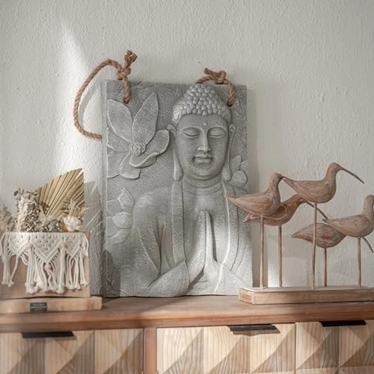 K&L Wall Art Wanddekoobjekt Buddha Wandskulptur Steinoptik asiatische Feng Shui Deko 3D Wandfigur (Buddha Wandbild), mit Seilaufhängung – Bild 2