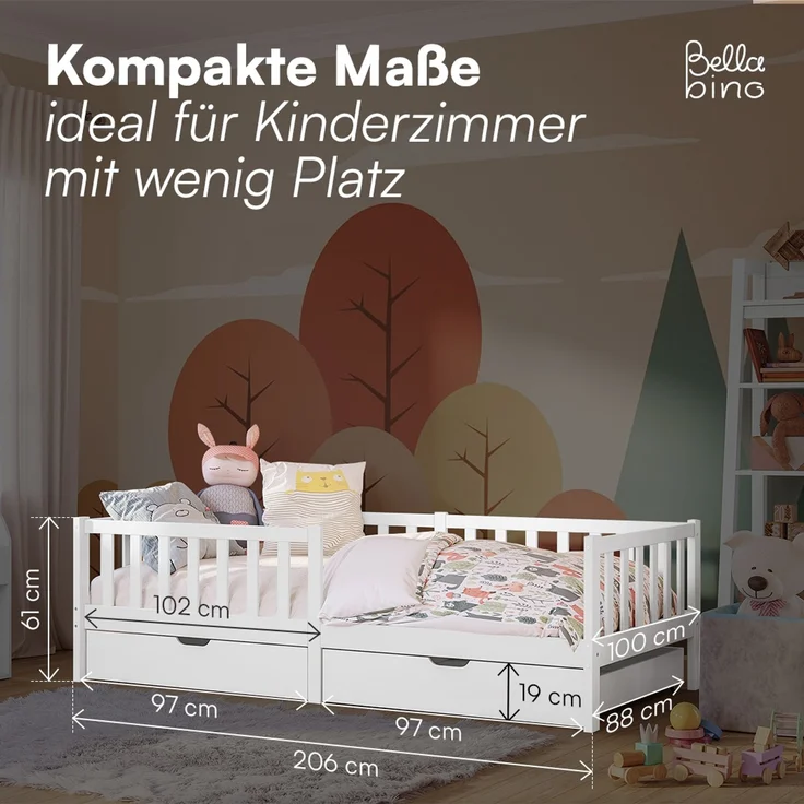 Bellabino 'Vere' Kinderbett 90x200 cm mit 2 Schubladen, weiß, Massivholz Kiefer, Jugendbett mit Rausfallschutz und Lattenrost – Bild 8