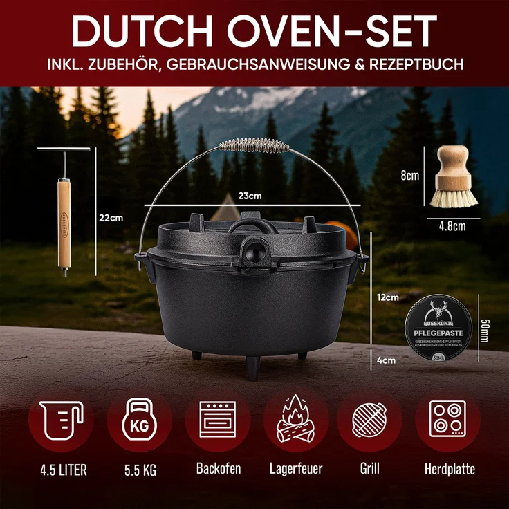 GUSSKÖNIG Dutch Oven Topf mit Füßen 4,5L+Pflegepaste – Bild 2
