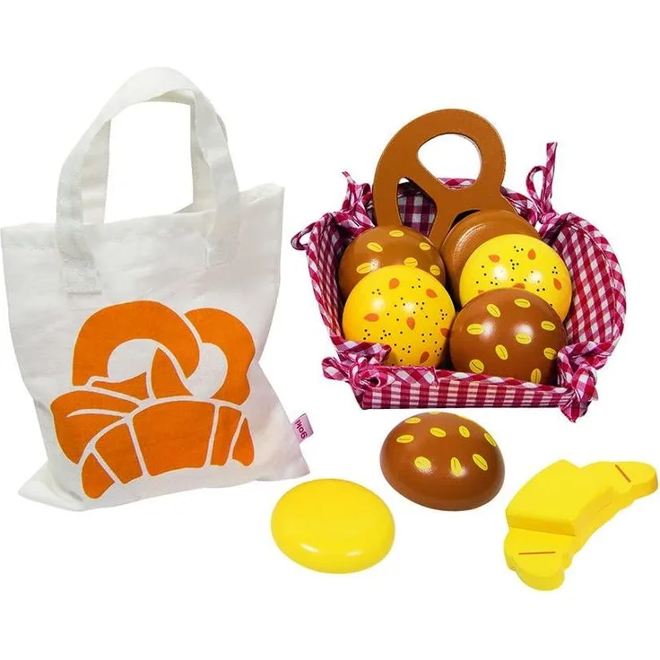 Goki 51704 - Kaufläden und Zubehör - Kaufladen Miniaturen Brötchen, mit Baumwollbeutel und Korb