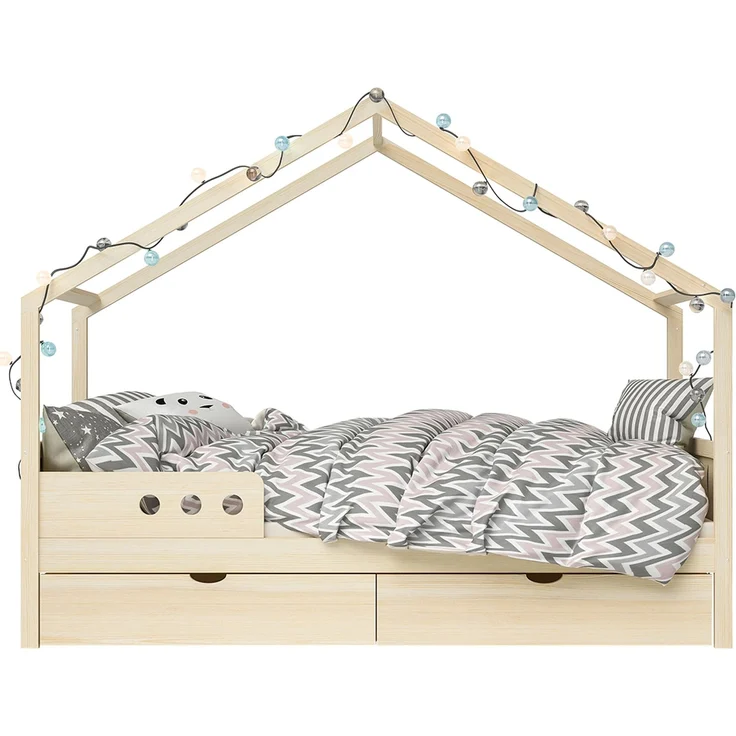 Bellabino 'Bela' Hausbett 90x200 cm mit Gästebett 90x190 cm, natur, Kiefer Massivholz, Montessori Kinderbett mit Ausziehbett, inkl. Rausfallschutz und Lattenrost – Bild 12
