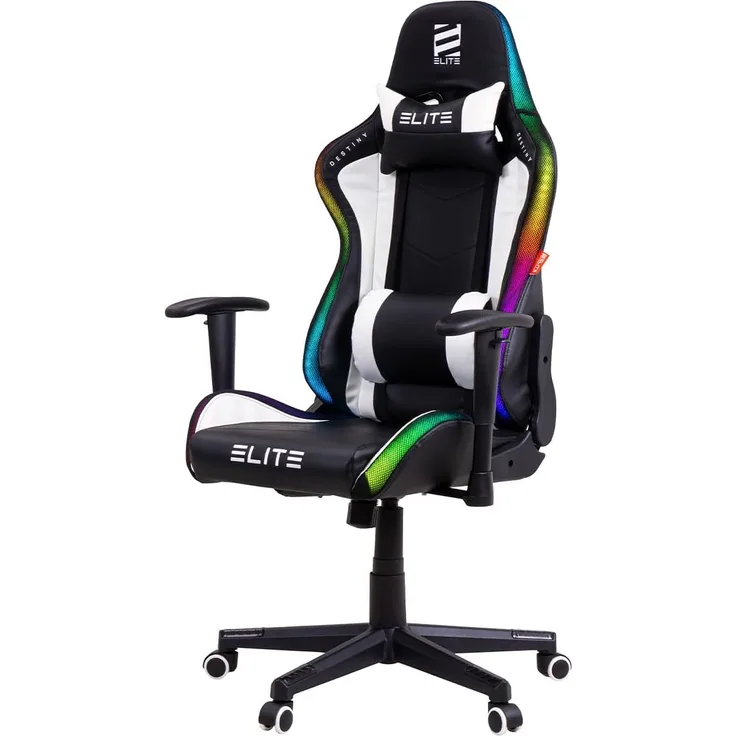 ELITE LED Gaming Stuhl MG200 Destiny - Ergonomischer Bürostuhl - Schreibtischstuhl - Chefsessel - Sessel - Racing Gaming-Stuhl - Gamingstuhl - Drehstuhl - Chair - Kunstleder (RGB Schwarz/Weiß)
