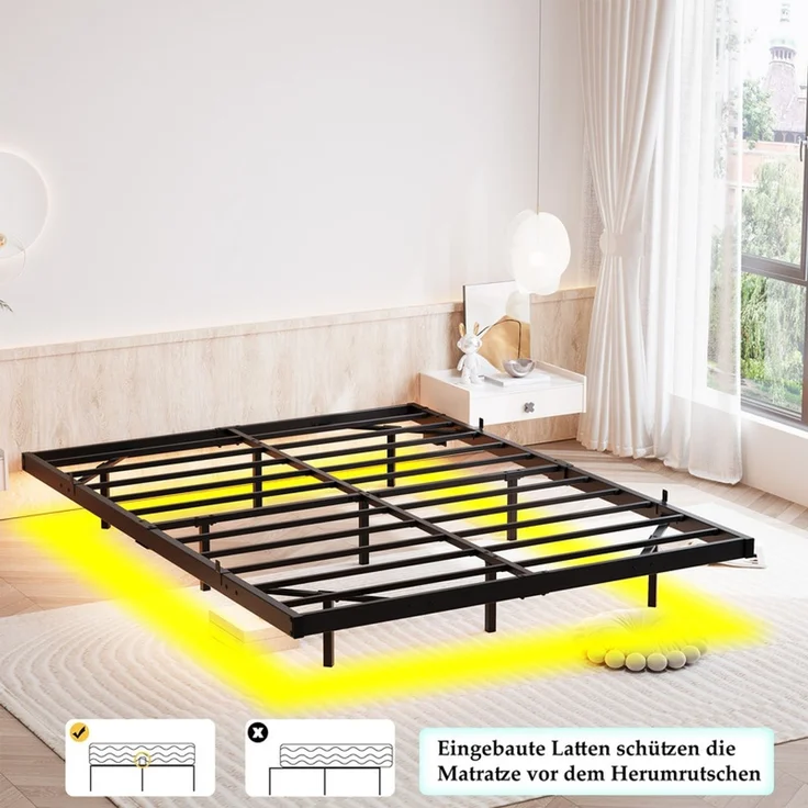 Homerecommend Schwebebettrahmen Metallbett 140x190 cm, für Schlafzimmer & Jugendzimmer, mit LED-Beleuchtung & integrierter Ladestation (1 Steckdose, 2 USB), Vintage Schwarz – Bild 7