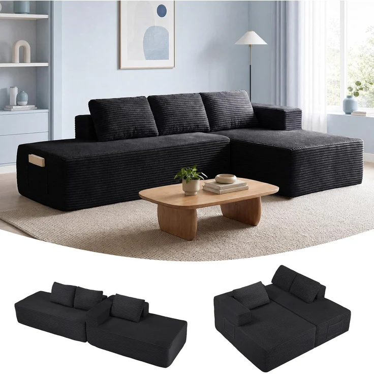 COMHOMA Ecksofa mit Schlaffunktion, 228cm Corduroy Modulares Boneless Couch mit Chaiselongue & Rücken-Metallgestell, L-Form Schlafsofa mit offenem Design, Kissen & Seitentaschen,für Wohnzimmer,Schwarz-L – Bild 7
