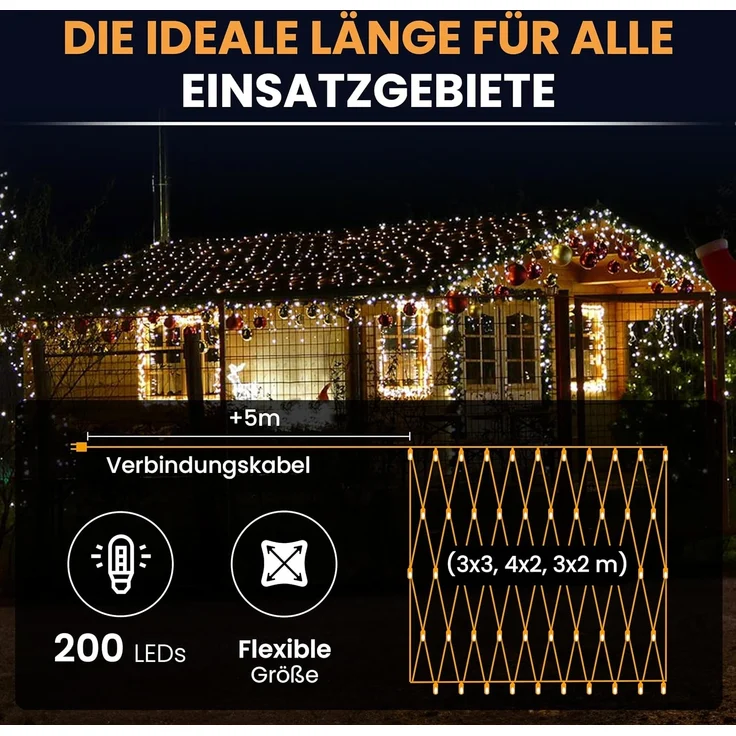 Gartenpirat LED-Lichternetz flexibel 3x2 m 4x2 m oder 3x3 m 200 LED warmweiß mit Timer-Funktion Lichterkette Netz Beleuchtung außen innen – Bild 5