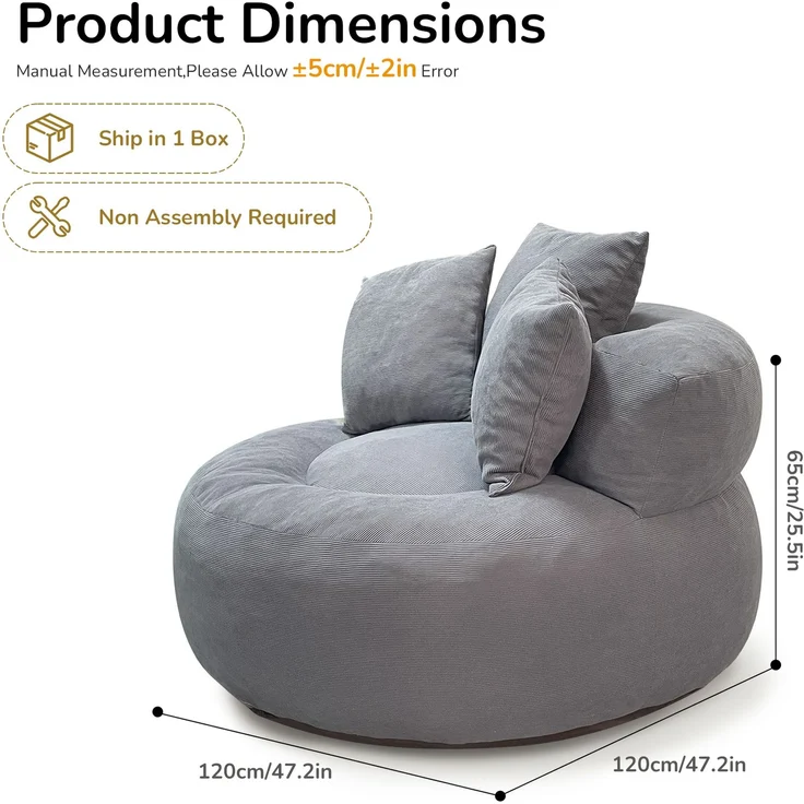Wohnora – Übergroßer runder Sitzsack, gepolstert mit Cord, tiefe Sitzfläche, einzelnes Cloud Lounge-Sofa für Wohnzimmer, Schlafzimmer, Wohnung, H 65 cm x T 120 cm x B 120 cm, Grau – Bild 5