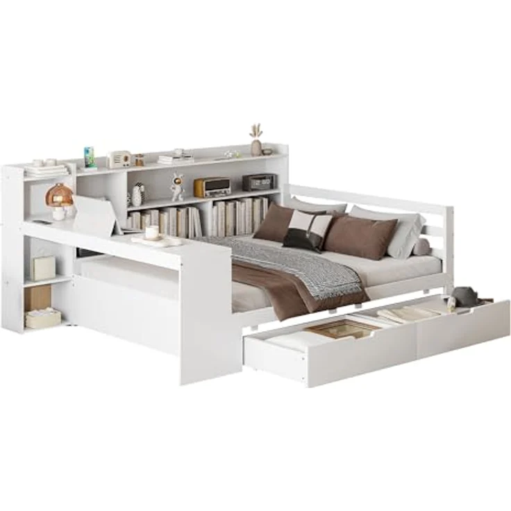 Ball & Cast Stauraumbett (140 * 200cm) mit Schublade, Schlafsofa mit Vielen Ablagefächern + Schreibtisch und USB-Anschlüssen, Einfach & Zeitsparend Montierbar, Weiß – Bild 7