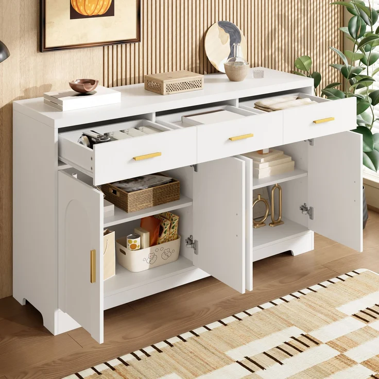 Merax Wohnzimmerschrank, Weiß Sideboard mit vier bogenförmigen Türen, 3 Schubladen, höhenverstellbare Einlegeböden, Korpus aus MDF, goldene Metallgriffe – Bild 3