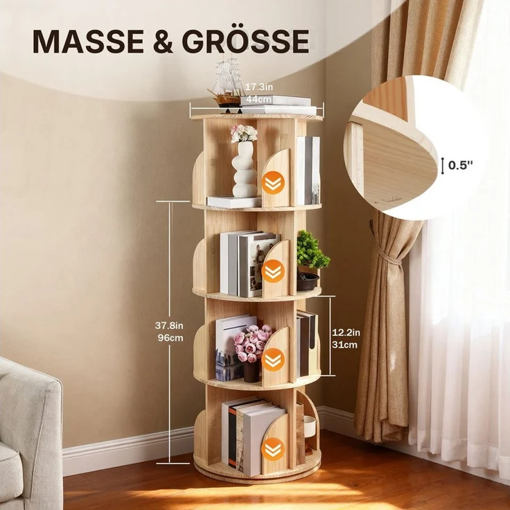 Allyson Standregal Drehbares Bücherregal für Kinder Aufbewahrungsregal, 3 Etagen Bis 60 kg belastbar, 360° Schraubendreher & Handschuhe – Bild 4