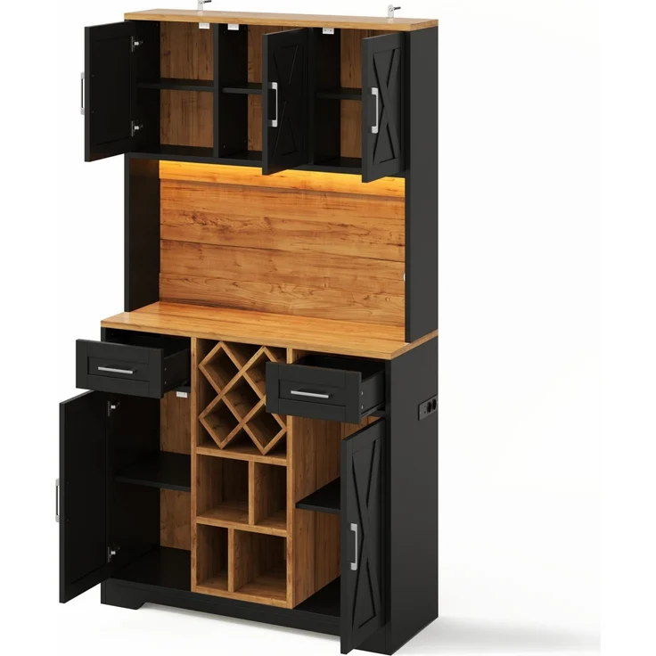ZUBALIYA hoher Stauraumschrank mit LED-Beleuchtung / Vorratsschrank mit Weinregalen, mit weinschrank & Vitrinenschrank für Wohnzimmer und Esszimmer, 180 x 105 x 40 cm, fürs Wohnzimmer, mit Schubladen – Bild 3