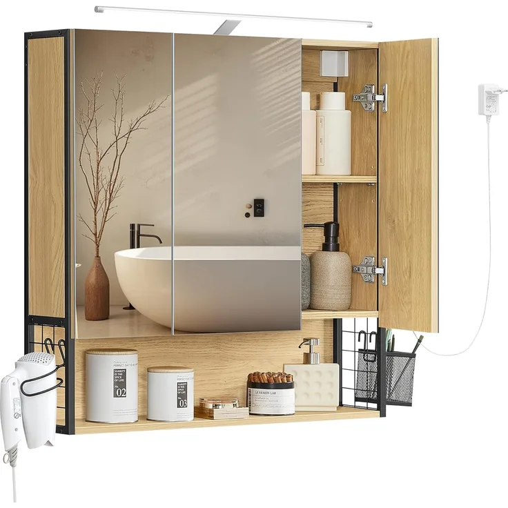 VASAGLE Badezimmerschrank mit LED-Beleuchtung, 14,5 x 70 x 70 cm, Stecker, Hängekorb, Haartrockner-Halter, Spiegelschrank, Badschrank, Wandschrank, für Badezimmer, natureichenfarben BBK124Y01