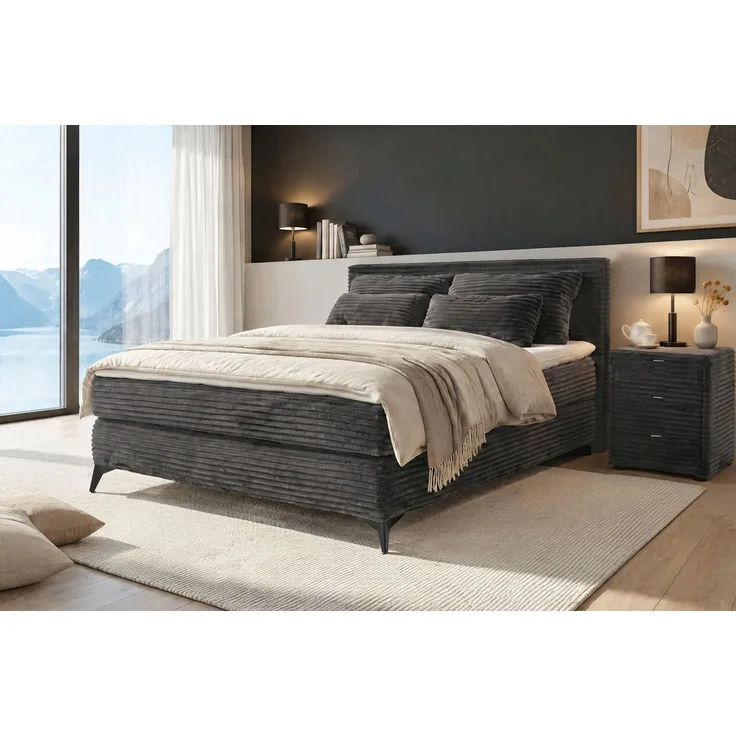 Jockenhöfer Gruppe Boxspringbett PAULINA inkl. Bonnell- oder Tonnentaschenfederkernmatratze H2-H4 (kuscheliger Breitcord), mit 6cm PUR- oder Kaltschaumtopper, 140x200 cm / 180x200cm