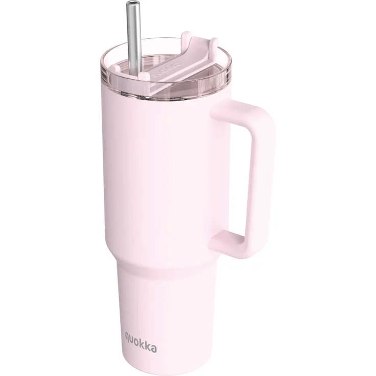 Isolierte Edelstahl-Trinkflasche mit Griff und Strohhalm, doppelwandig 1,2 L Pastellrosa – Bild 1