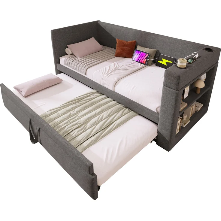 Polstertes Daybett 90x190 cm, Einzelbett Schlafsofa mit Ausziehbett, Armlehnen mit USB- & Type-C-Ladeanschluss und Getränkehalter, Leinen-Mischgewebe, Grau, ohne Matratze – Bild 7