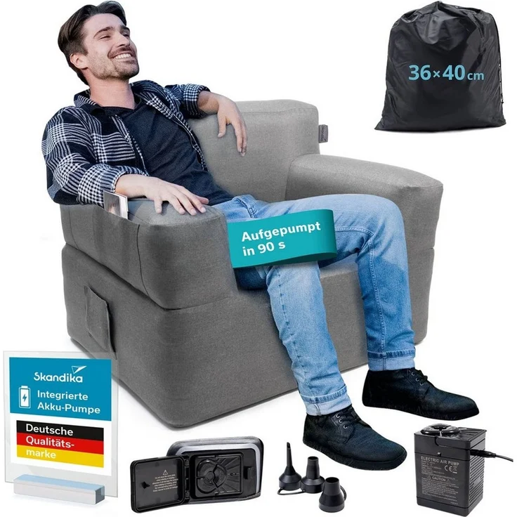 Skandika Luftsofa Easy Air Premium, Aufblasbares Sofa Outdoor, Tragetasche, (Bezug abnehmbar, Maschinenwäsche, Schonprogramm 30 °C, mit Tragetasche), 1 Person, mit Elektropumpe, USB-C Ladekabel, 200 kg belastbar – Bild 1
