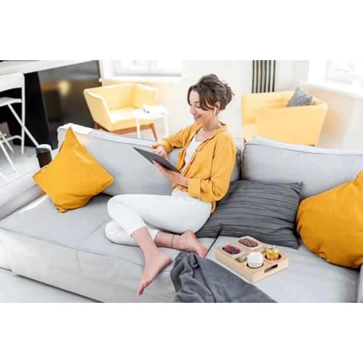 Stagecaptain Tablett CBW-45 NT Couchbar aus nachhaltigem Bambus für Wohnzimmercouch, (praktische Griff-Aussparungen), 7 Staufächer für z. B. Snacks und Getränke sowie Flaschenöffner – Bild 3