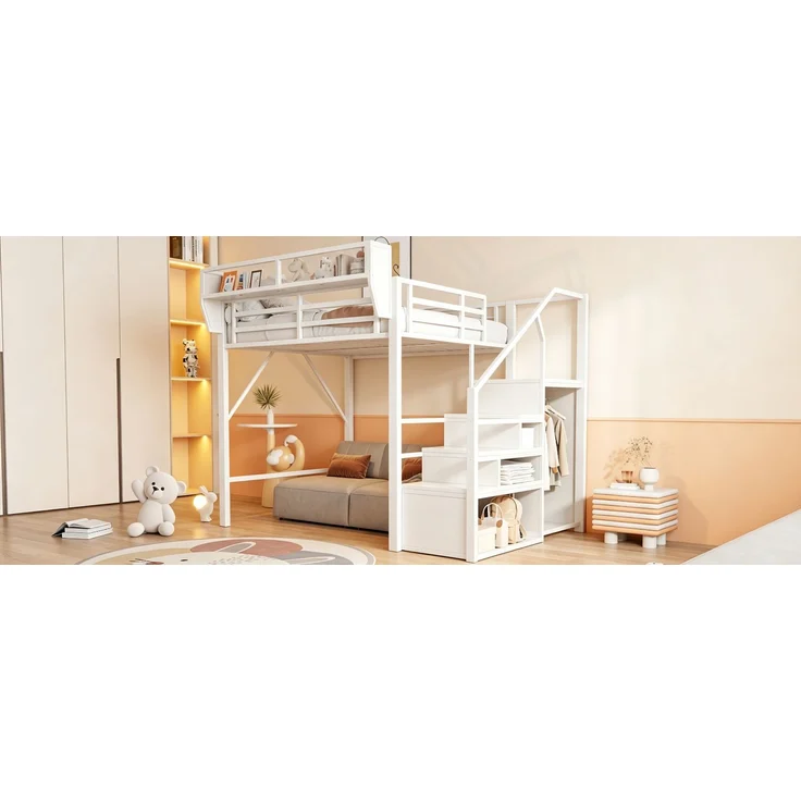 ZUBALIYA Hochbett 140 × 200 cm, Metall, LED-Beleuchtung, Leiter, Weiß – Bild 17