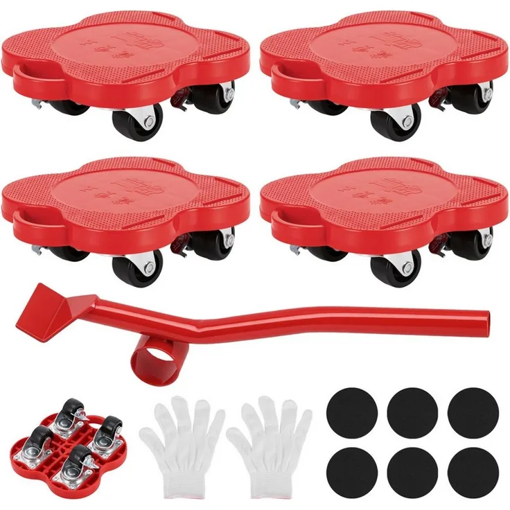 LEMLIT Möbelrolle Möbeltransport-Set mit 4 Möbelrollern und Hebel, bis 500 kg, (4er Set, 6-St, 4 Roller + 1 Hebel + 6 Pads + 2 Handschuhe), Transportroller Schwerlast 360° Rollen mit Bremse, Rot-Schwarz
