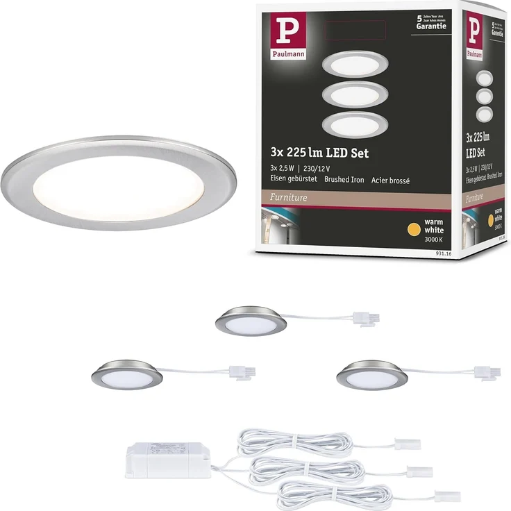 Paulmann LED Möbel-Einbauleuchte eisen gebürstet Ø 6,5 cm warmweiß 3er Set – Bild 1