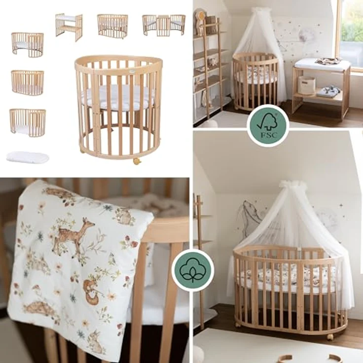 Waldin Oval Baby-Bett Mitwachsend Komplett Set 7in1, Gitterbett, Kinderbett mit Matratze, Wickelkommode, Beistellbett, Holz Natur, Stoffe Weiß Tiere – Bild 6