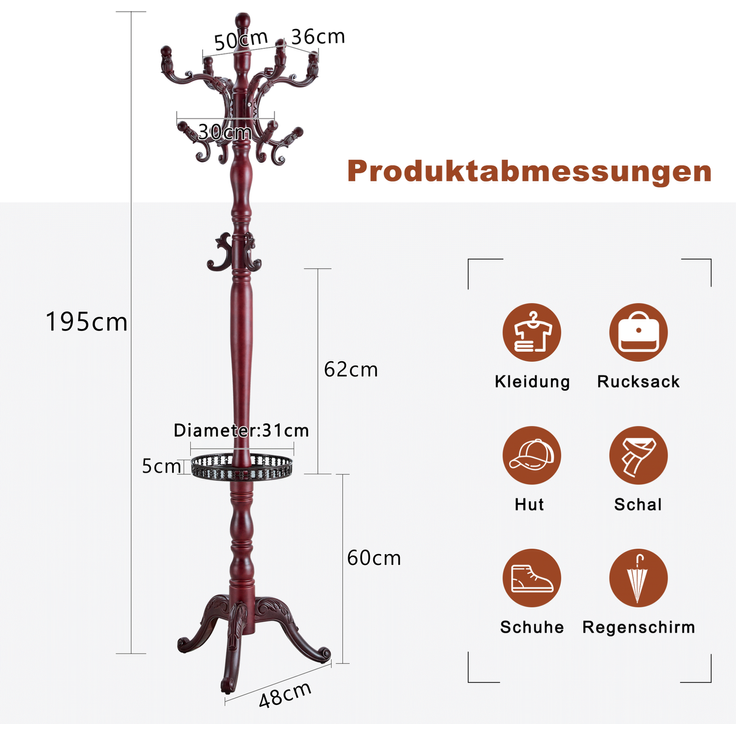 Kleiderständer 195 cm hoch, Ø 31 cm, Standfuß 48 cm – Massivholz in Nussbaumoptik mit mehreren Haken – Bild 5