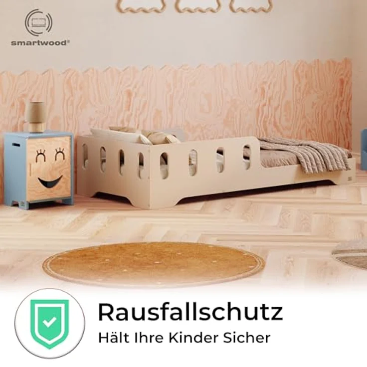 smartwood Kinderbett 140x200 cm in Kaschmir - Montessori Bodenbett mit Rausfallschutz & Lattenrost - Aus handbemaltem Sperrholz - Sicher für Jungen und Mädchen - Einfache Montage - TILA 6 – Bild 7