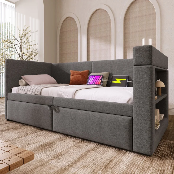 Schlafsofa 90x200 cm Ausziehbett mit Armlehne, USB/Typ-C Ladebereich, Getränkehalter & Stauraum – Bild 5