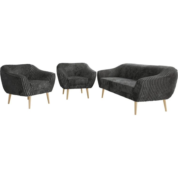 Wohnzimmerset PIRS 1-1-3, Skandinavisches 3-Sitzer Sofa mit Sesseln, Sofa mit Wellenfederung, Buche Füße, Skandinavisches Möbelset - Grau Cord – Bild 7
