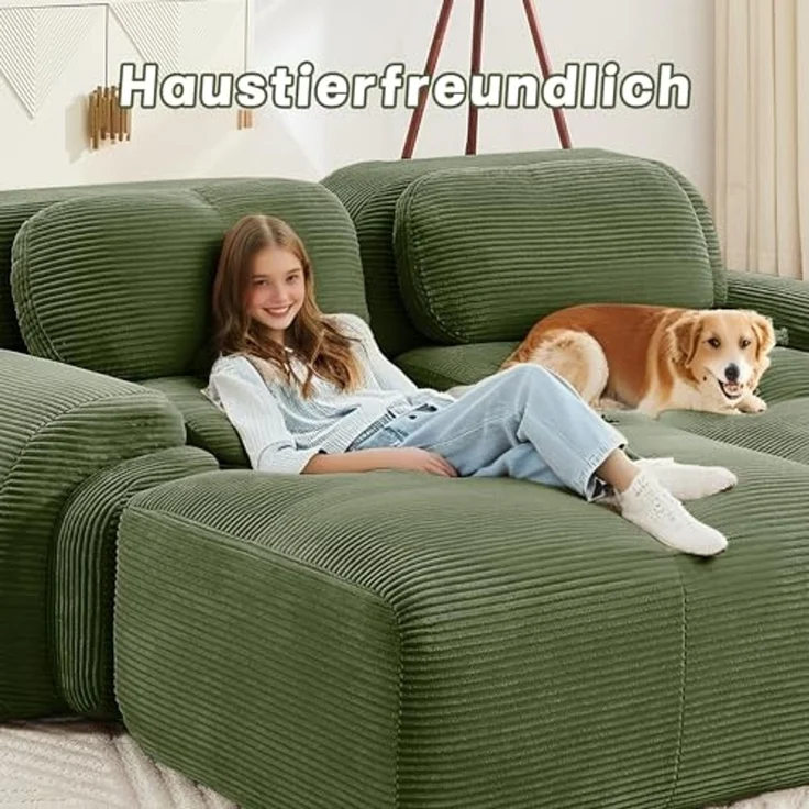 2-Sitzer-Sofa aus Cord 208x178x75 cm mit ergonomischen Armlehnen und Chaiselongue, grün – Bild 5