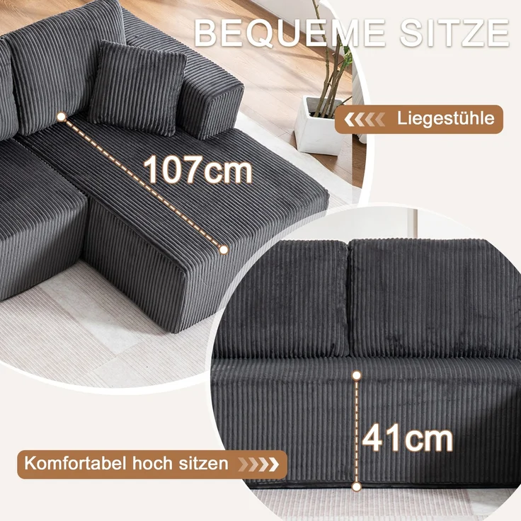 Schlafsofa U-Form 332x156x88 cm Grau aus Corduroy mit Federkern- und Schwammkernkomfort, ohne Montage – Bild 7