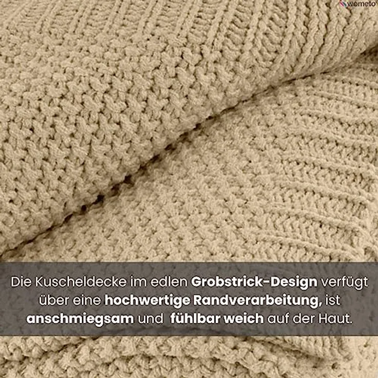 wometo Strickdecke Beige, 140x190 cm, Oeko-Tex® zertifizierte Kuscheldecke aus 100% Polyacryl, pflegeleicht und waschbar – Bild 5