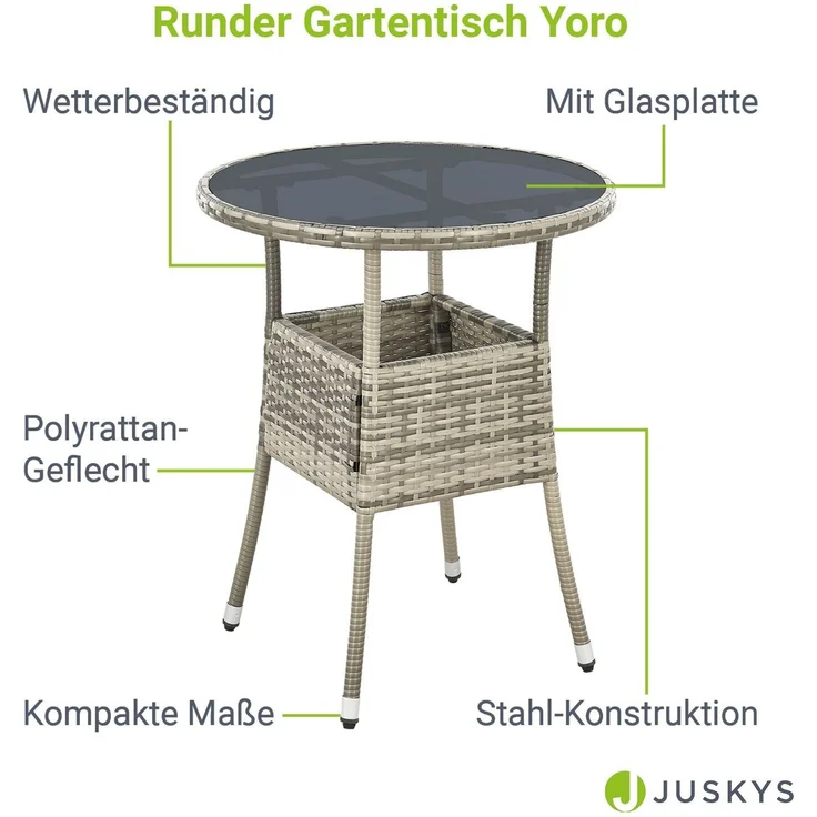 Juskys Polyrattan Gartentisch Yoro wetterfest - Balkontisch Ø 60 cm rund - Rattan Beistelltisch mit Glasplatte - kleiner Tisch für Balkon - Grau – Bild 2
