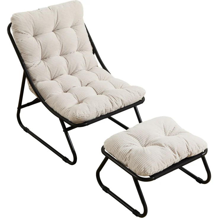 LVHOM Sessel mit Hocker, Gepolsterter Loungesessel aus Cord mit Metallgestell, ergonomischer Relaxsessel für Wohnzimmer und Schlafzimmer, Weiß – Bild 2
