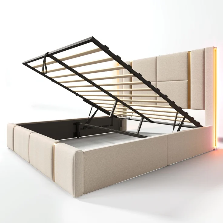 Polsterbett 140×200 cm aus Leinen-Stoff mit LED-Beleuchtung und USB-Ladebuchse, grau – Bild 8