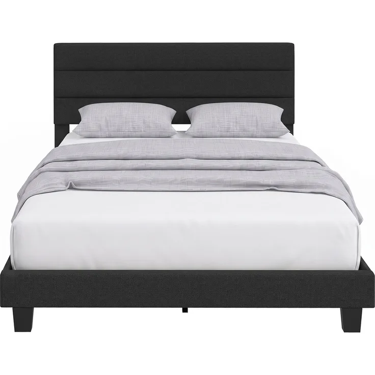 Doppelbett 164x208 cm aus Stoff in Leinenoptik mit verstellbarem Kopfteil, 208.0×164.0×112.0cm, Schwarz, MELAYR