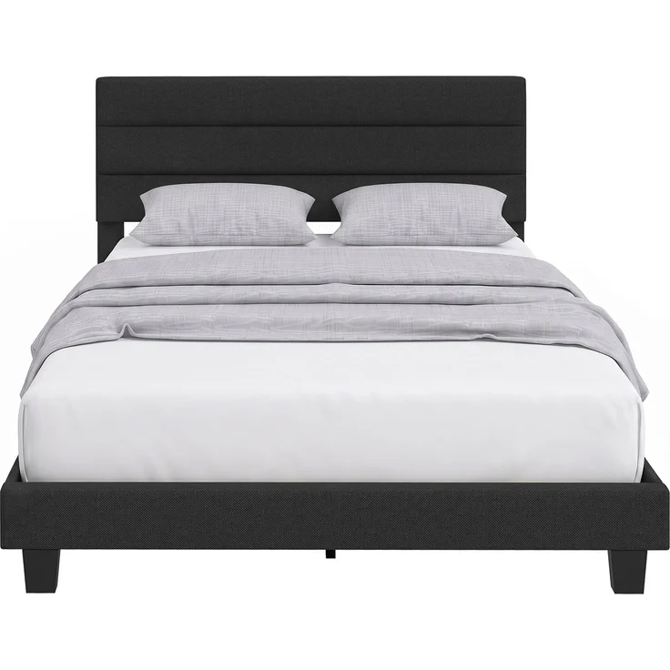 Doppelbett 164 x 208 cm aus Stoff in Leinenoptik mit verstellbarem Kopfteil, 208.0×164.0×112.0cm, Schwarz, MELAYR – Bild 1