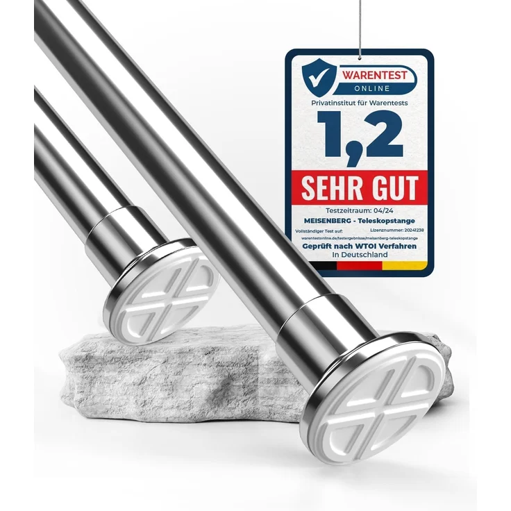 MEISENBERG Duschstange ohne Bohren 310-360cm, Silber, Ø 32 mm, Teleskopstange zum Klemmen - Teleskop Gardinenstange für Vorhänge, Dusche, Türöffnungen und Kleiderschrank