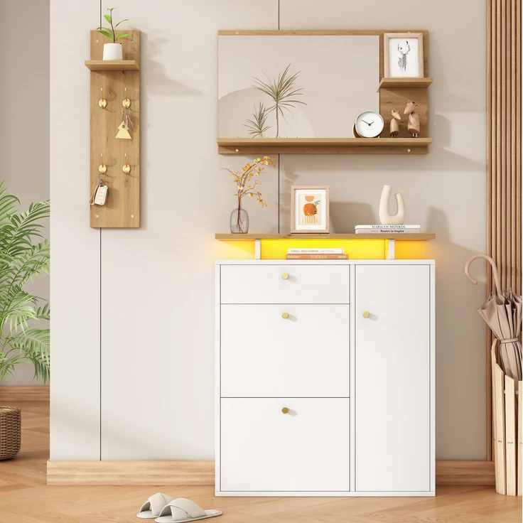 DESVIAE Garderobenschrank 3-tlg. mit LED-Beleuchtung und Spiegel 105x151,5x25 cm Spanplatte Weiß – Bild 3