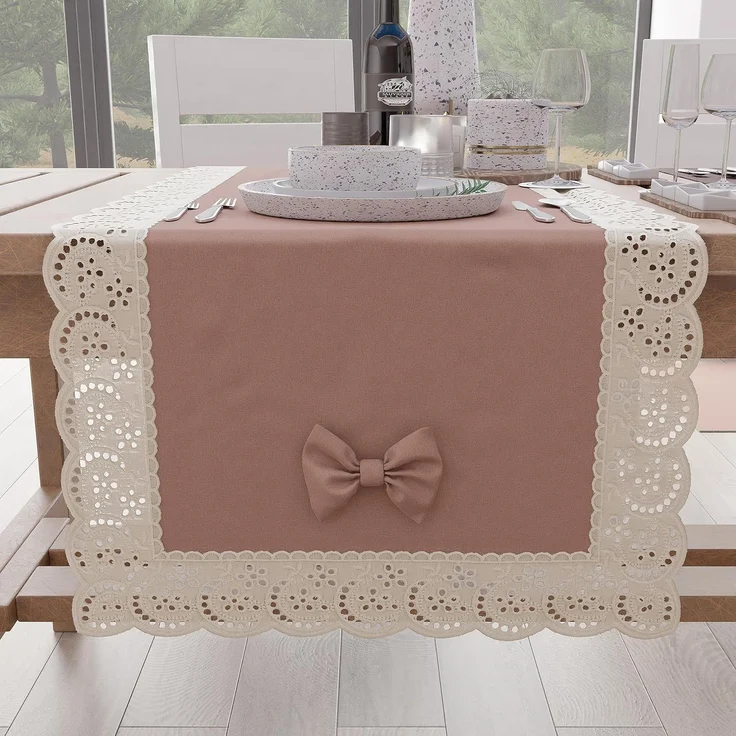 PETTI Artigiani Italiani - Tischläufer, Küchenläufer, Elegante Tischläufer, einfarbig, mit Rüschen aus Spitze und Schleifen, Tischläufer aus Baumwolle, Tischläufer 40x140 cm, 100% Made in Italy