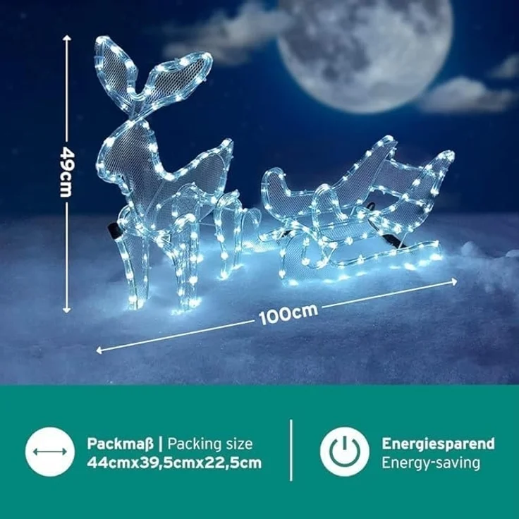 Gartenpirat LED Dekofigur Rentier mit Schlitten 100 x 49 cm 216 LED Weihnachtsdeko für außen – Bild 2