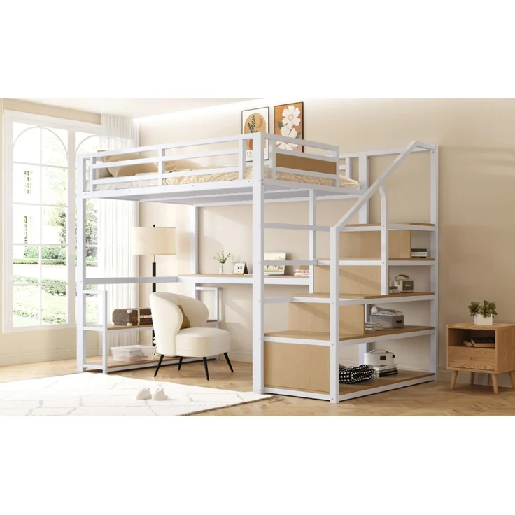 EINHOM 140 x 200 cm Metall-Hochbett mit Aufbewahrungsleiter mit Regalen und Tisch, Sicherheitszaun-Design mit Gespleißten Metallplanken, Hohes Eisenrahmenbett mit Metallrahmen für Stabile Unterstützung, Weiß (Ohne Matratze) – Bild 5