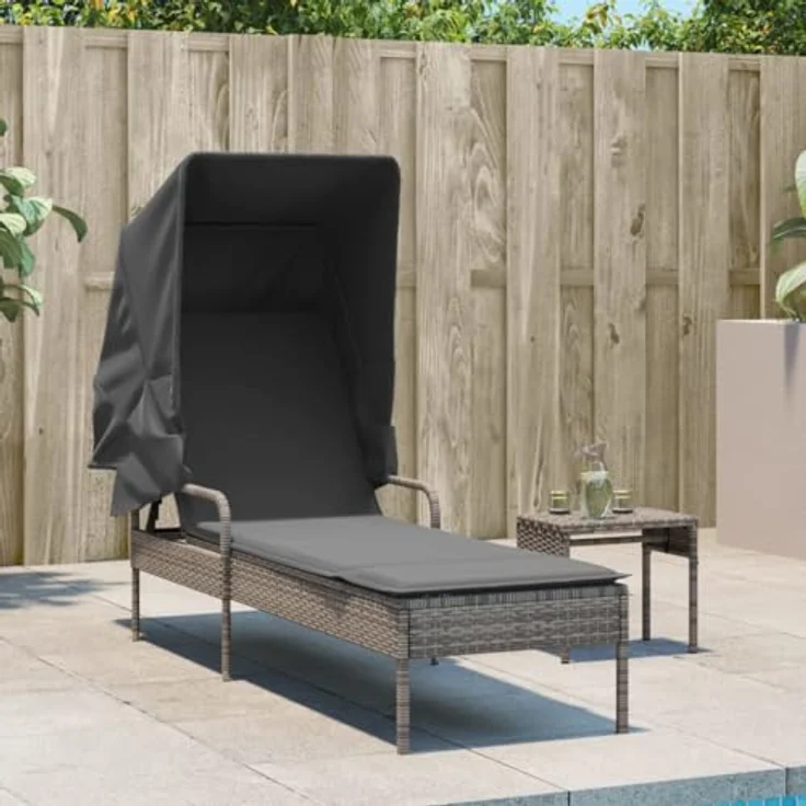 vidaXL Sonnenliege mit Dach, verstellbare Rückenlehne und abnehmbares Kissen, Grau Poly Rattan – Bild 3