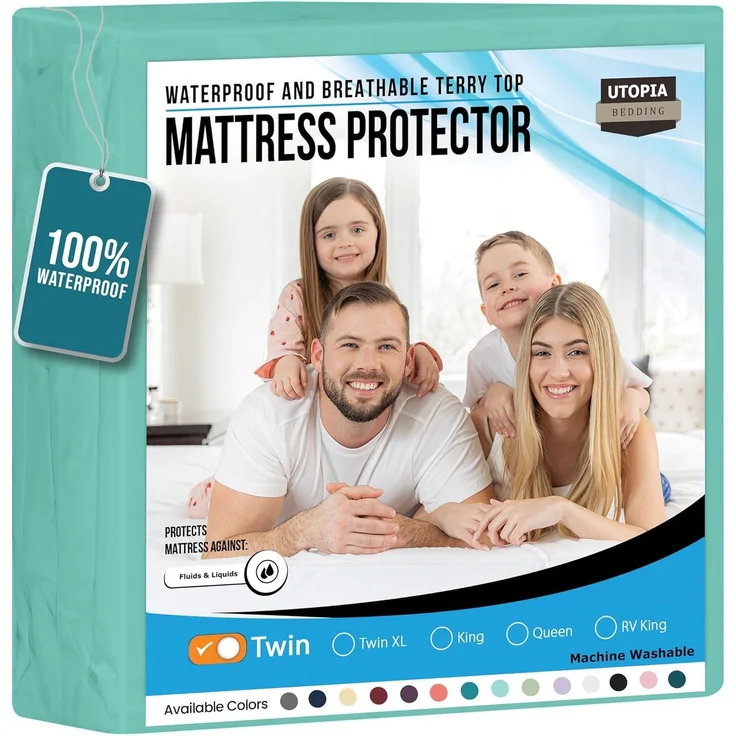 Utopia Bedding Wasserdichter Matratzenschoner für Doppelbett, Premium-Frottee-Matratzenbezug, 200 g/m², atmungsaktiv, Spannbetttuch mit dehnbaren Taschen, Spa-Blau – Bild 1