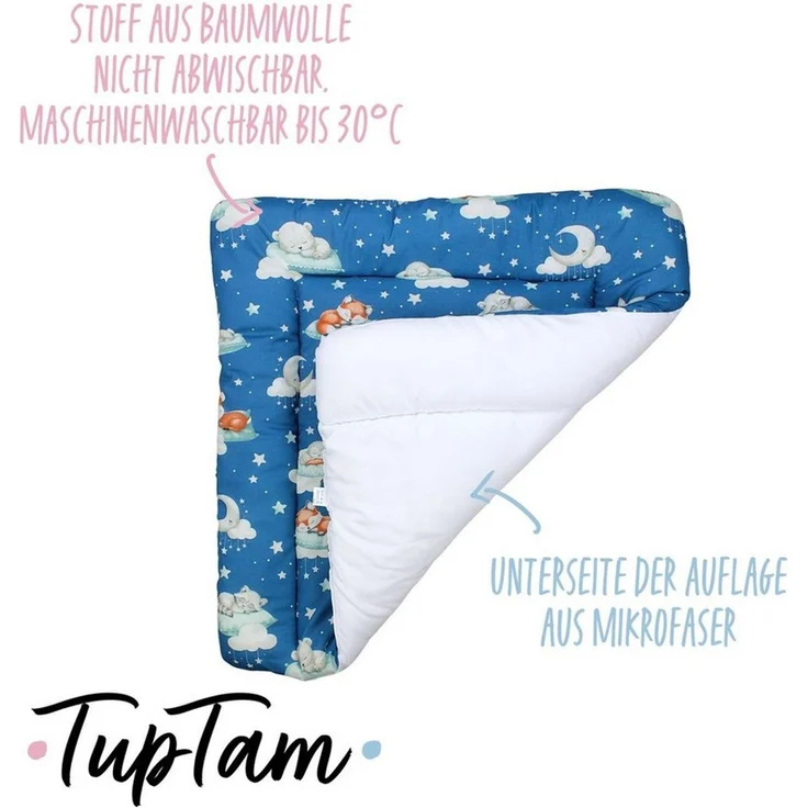 TupTam Baby Wickeltischauflage mit Baumwollbezug Gemustert, Farbe: Schlafende Baby Tiere/Dunkelblau, Größe: 70x50 cm – Bild 3