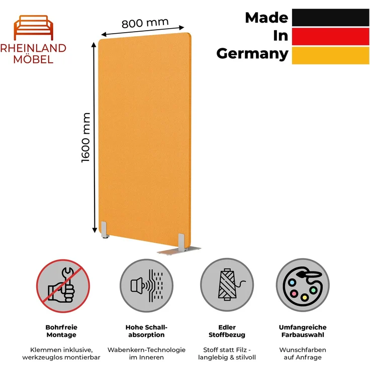Rheinland Möbel FocusWall STW0816 – Akustik-Stellwand 800×1600 mm in Stofffarbe Solano inkl. Standfüßen – Schreibtisch-Trennwand für Büro & Homeoffice – Schallschutz – Made in Germany – Bild 2