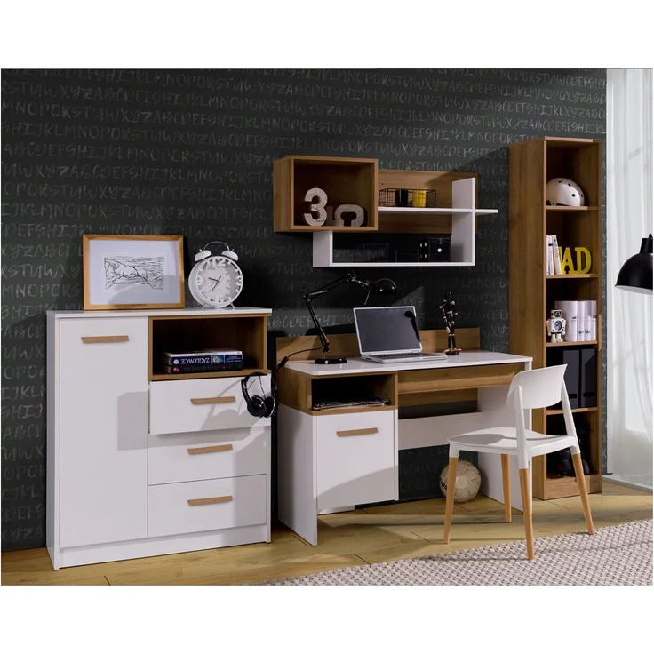 Marmex Möbel Grant Set-03B Jugendzimmer Komplett-Set 4-teilig mit Kommode, Schreibtisch, Wandregal, offenes Regal, Kinderzimmermöbel mit Schreibtisch, laminierte Spanplatte, weiß+riviera Eiche, 234x195x55 cm – Bild 1