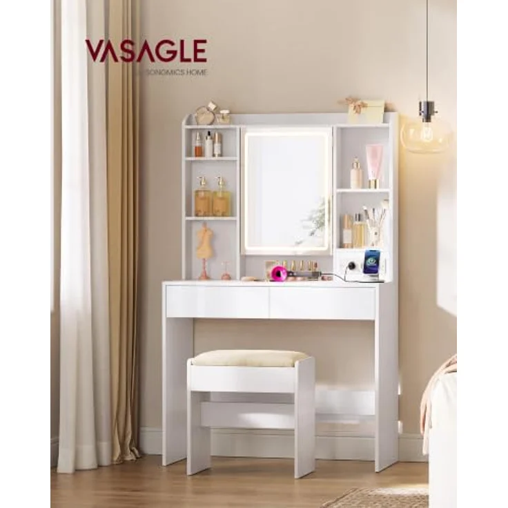 VASAGLE Schminktisch mit Beleuchtung und Hocker Set | Kosmetiktisch mit Spiegel und 2 Schubladen, Steckdosen, Gepolsterter Hocker, für Schlafzimmer, Weiß RDT143WB01-01 – Bild 2