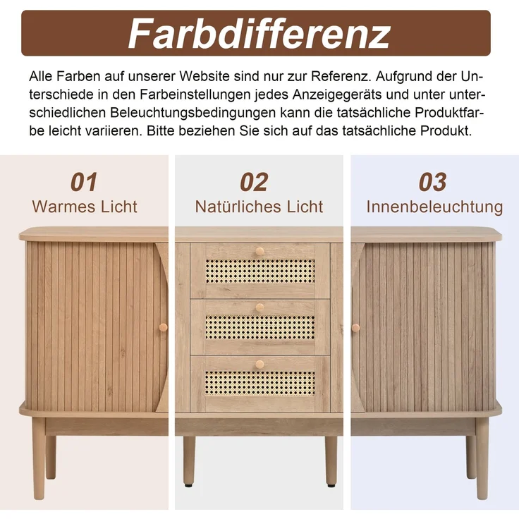 ZUBALIYA Kommode 141x40x77 cm, mit verstellbaren Einlegeböden, aus MDF, Natur – Bild 5